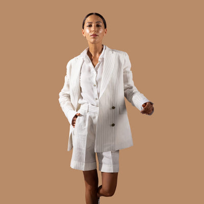 Front view of Kaia Italian linen shorts with matching blazer