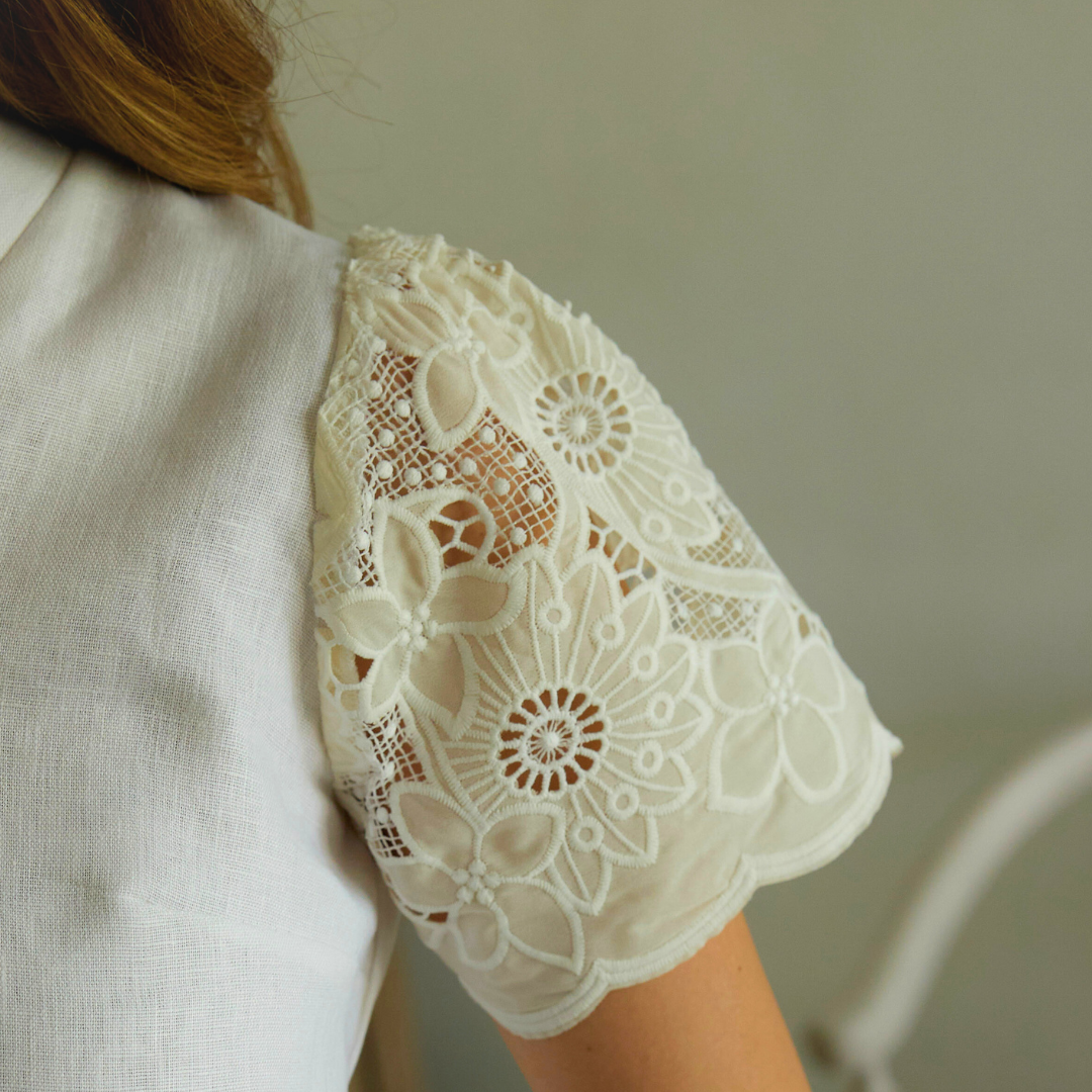 white lace sleeve on linen blouse. sustainable fashion