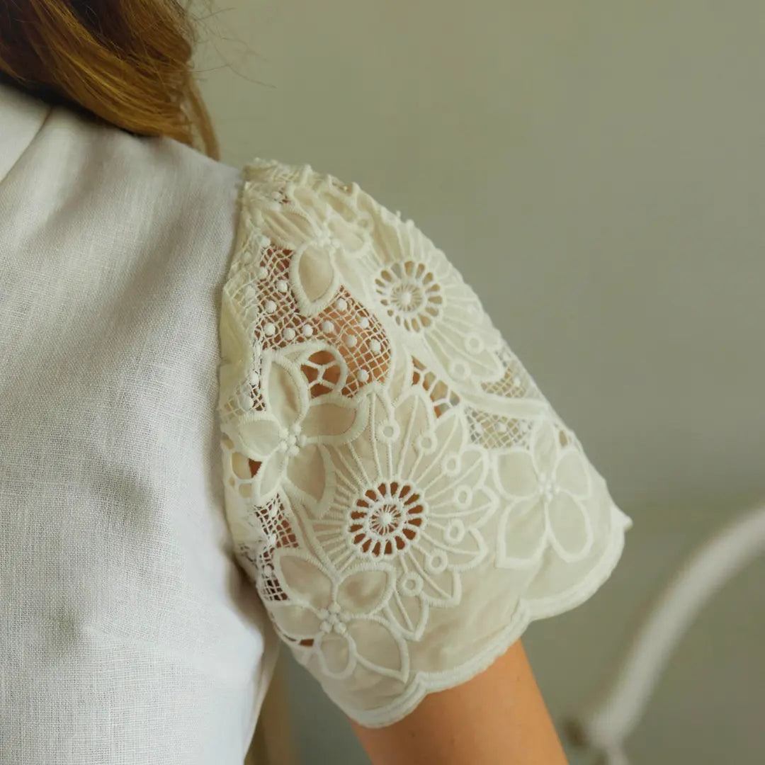  White Linen blouse with lace sleeves |Sustainably U | Slow Fashion