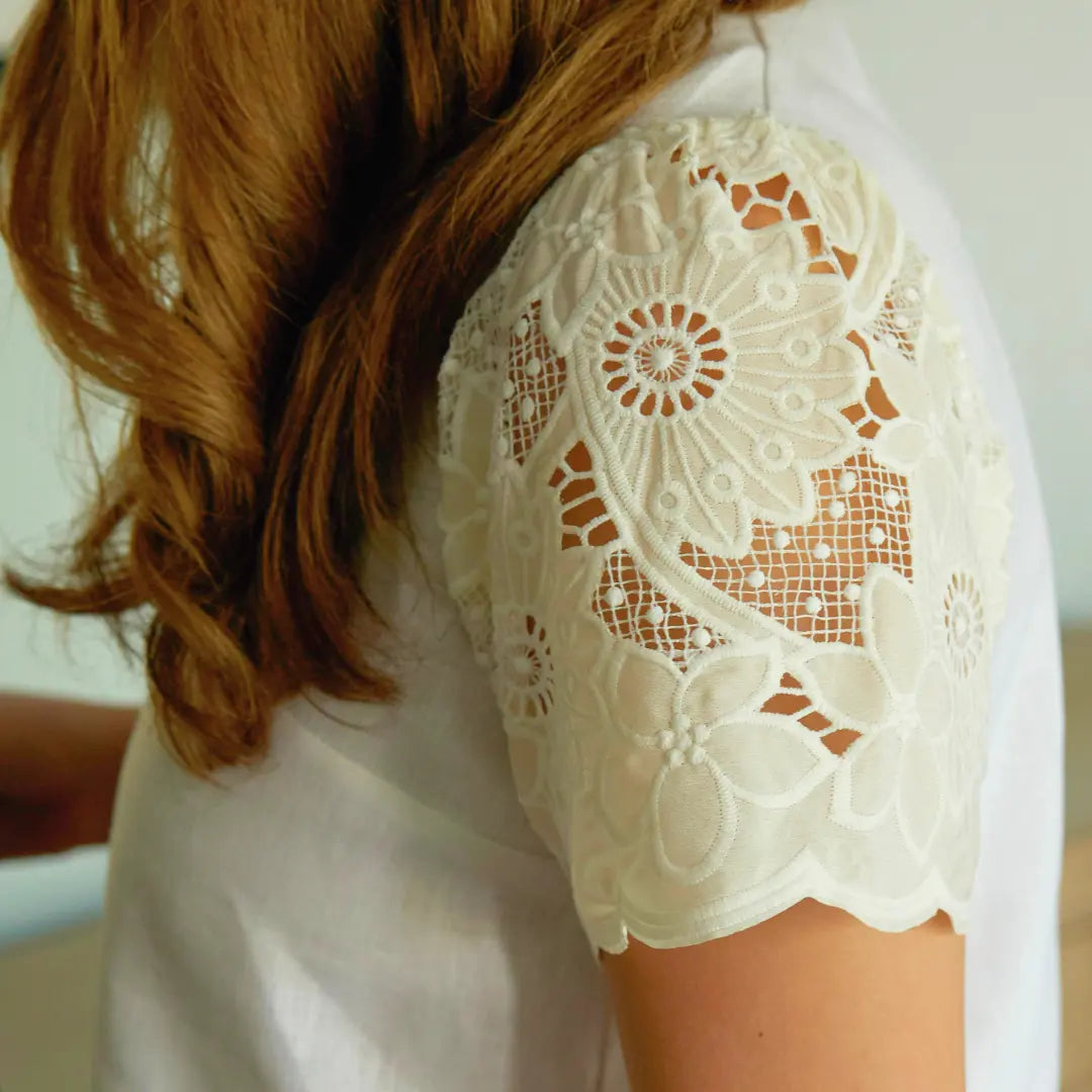  White Linen blouse with lace sleeves |Sustainably U | Slow Fashion