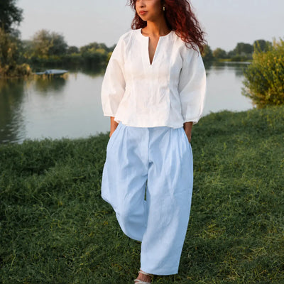 Sky blue Italian linen barrel-leg pants for women