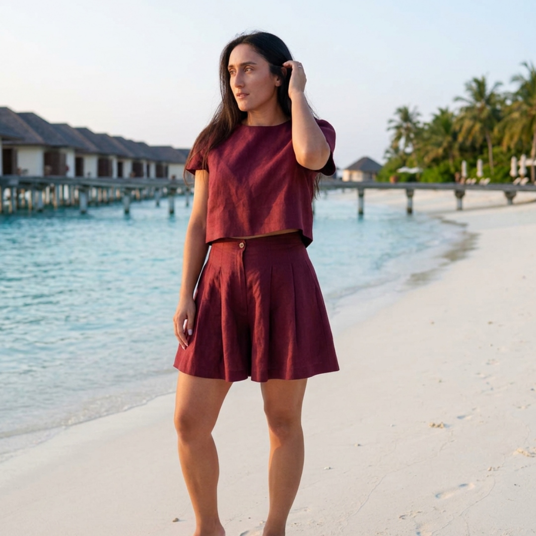 Mahnaz Italian Linen Crop Top short set Maroon