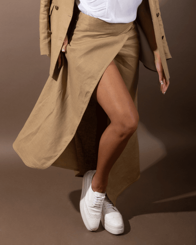 Designed and made in our Dubai studio.Linen wrap skirt. sustainable fashion. Ethical fashion brands.