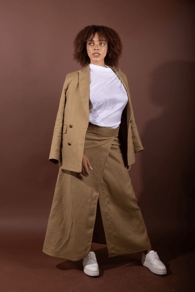Designed and made in our Dubai studio.Linen wrap skirt. sustainable fashion. Ethical fashion brands.