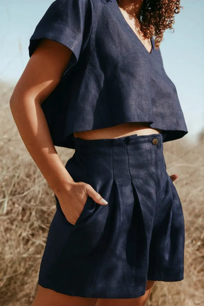 Navy blue Alisha women's linen shorts co-ord set