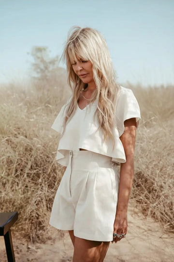 Pleated high-waisted Italian linen shorts set. Sustainably U