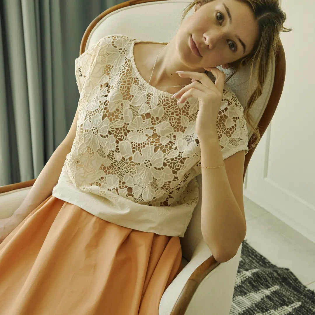 Designed and made in our Dubai studio. Beautiful cotton lace  top that is free size. These are the perfect top that can be paired with Pants or short. Made from gorgeously soft and beautiful lace. Designed and  made in Dubai. 

Rooted in sustainable fashion, this versatile set embodies the principles of slow fashion and modern ethical fashion brands, focusing on longevity, comfort, and responsible craftsmanship.