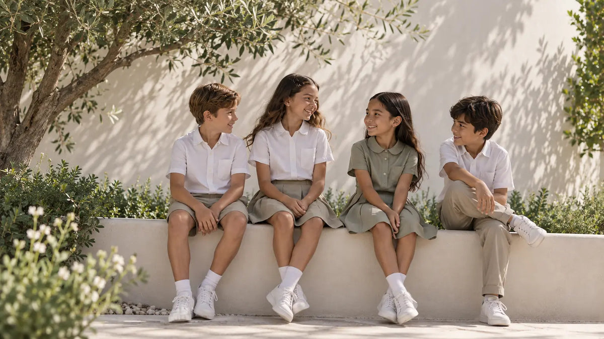 Children wearing natural-fibre school uniforms by Sustainably U in the UAE