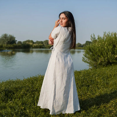 Selena organic linen wrap dress in natural stripe – Sustainably U Dubai