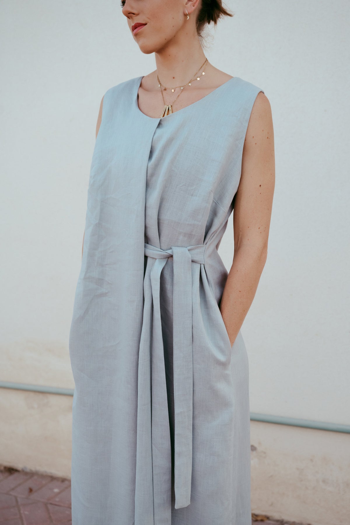 Sky blue Shobu linen jumpsuit with sleeveless round-neck design