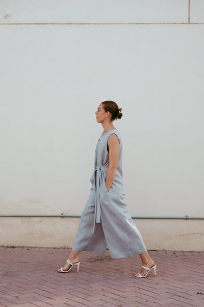 Shobu women's linen jumpsuit in sky blue with relaxed straight-leg fit