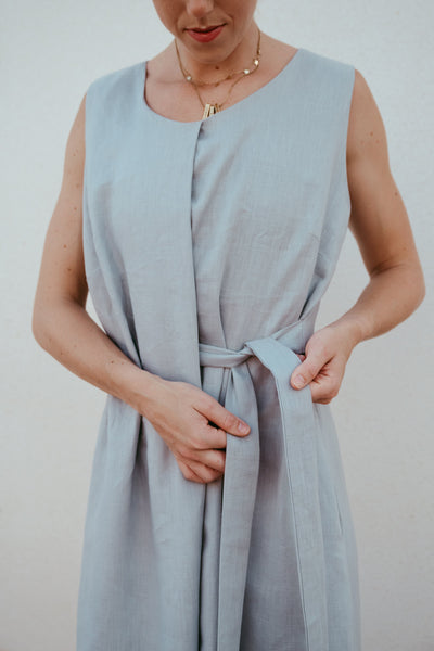 Woman wearing the Shobu linen jumpsuit by Sustainably U