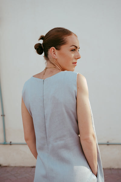 Back view of Shobu sleeveless linen jumpsuit in sky blue