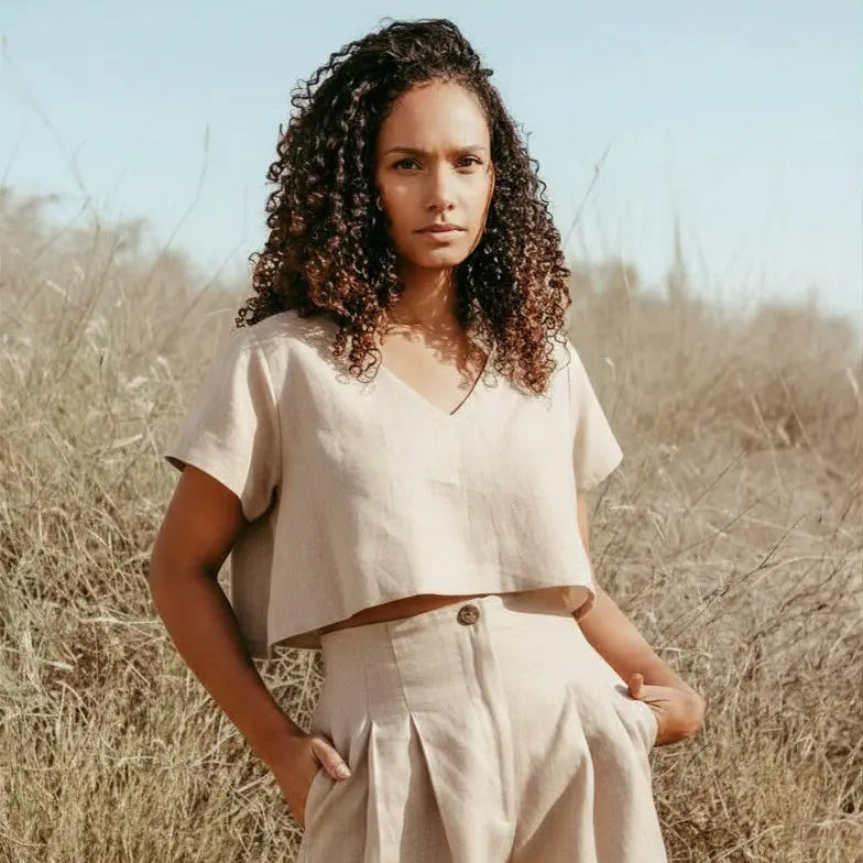 Pleated high-waisted Italian linen shorts set. Sustainably U
