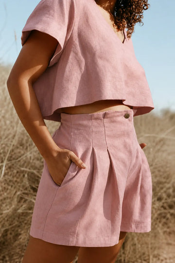 Pleated high-waisted Italian linen shorts set. Sustainably U