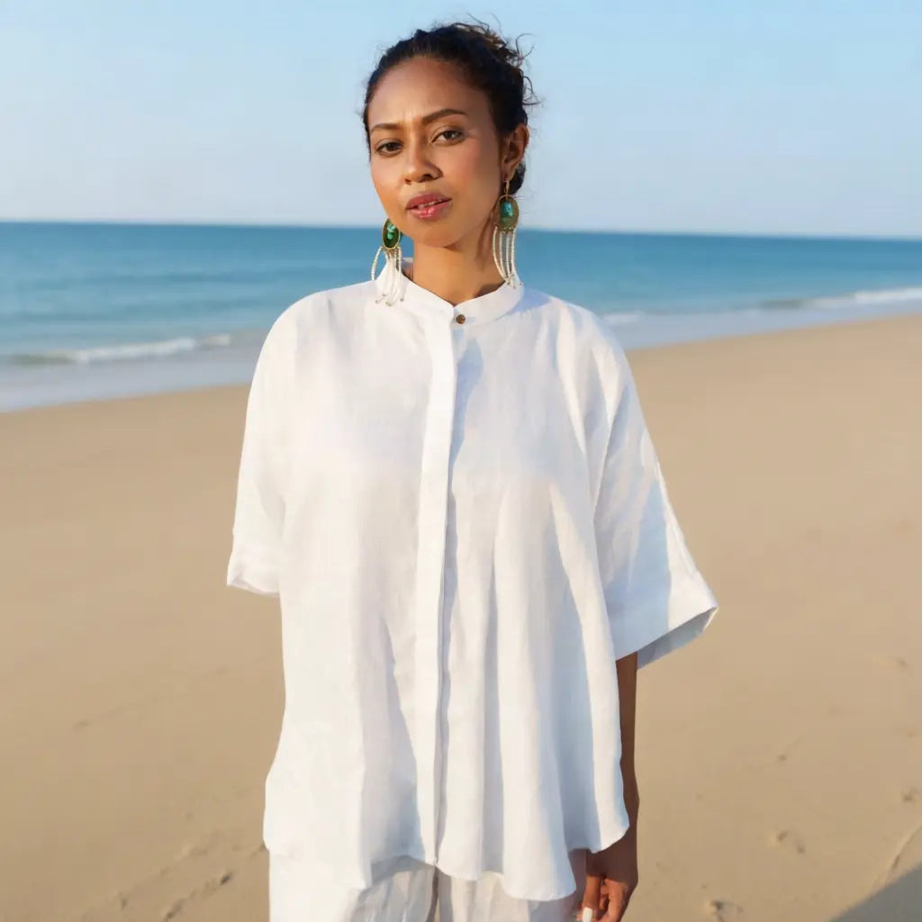 Soft Hemp Trousers and shirt set. Mid-waist with an elasticated waistband.sustainable fashion