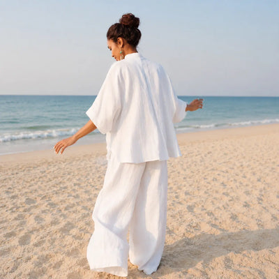 Mahina white Italian linen co-ord set for women – back view