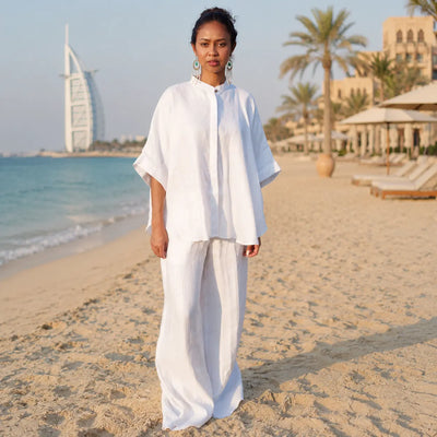 Mahina off-white Italian linen set with palazzo pants