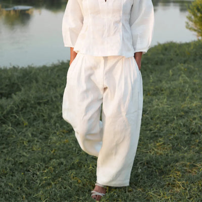 Lucine off-white women's linen barrel pants – side view