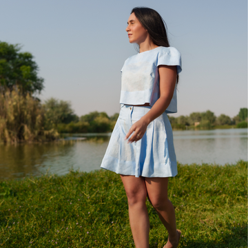 Mahnaz Short -Ethical fashion brands. sky blue Italian linen high waist shorts  - A slow fashion luxury