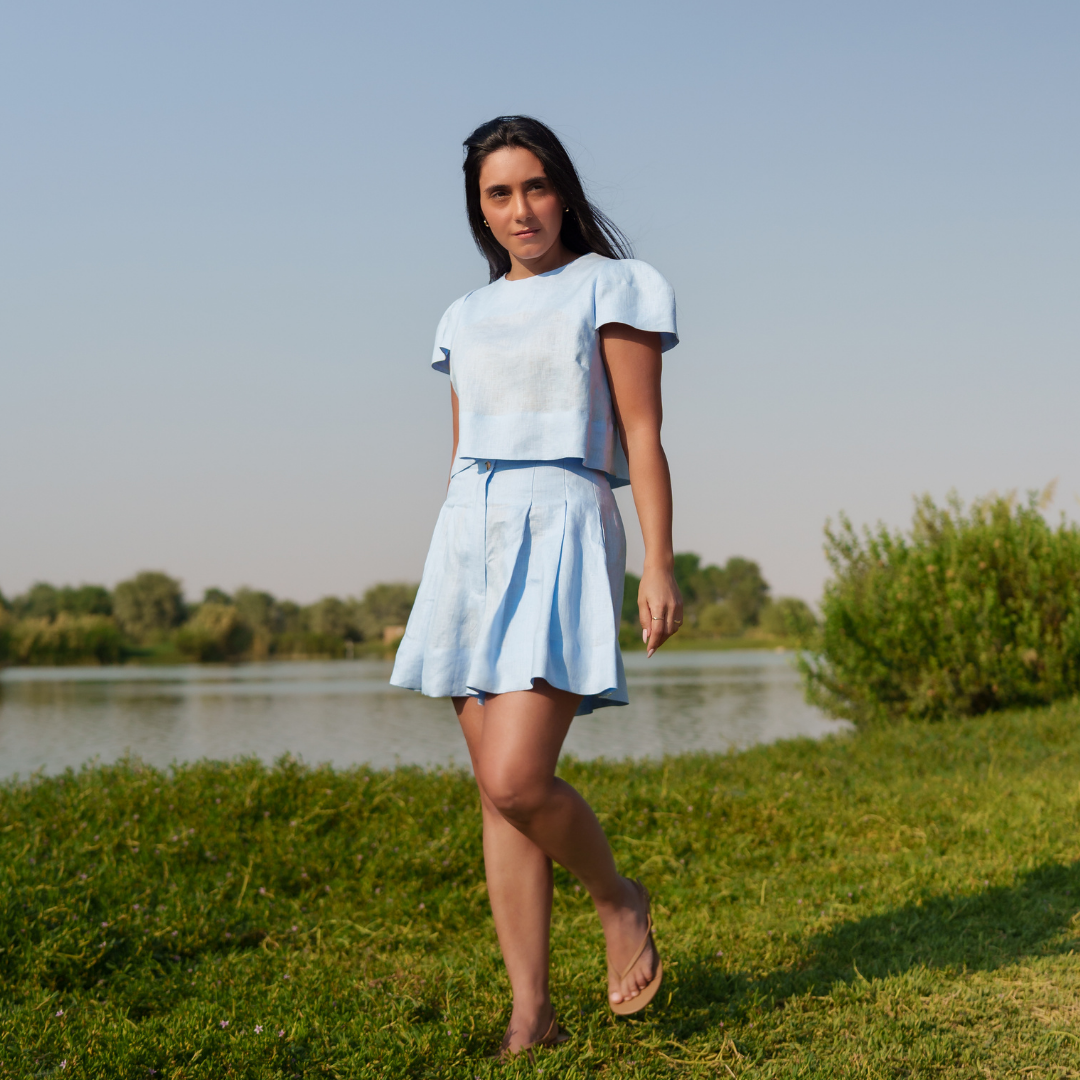 Mahnaz Short -Ethical fashion brands. sky blue Italian linen high waist shorts  - A slow fashion luxury