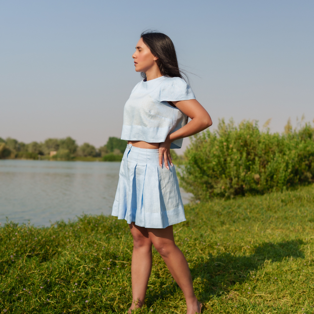 Mahnaz Short -Ethical fashion brands. sky blue Italian linen high waist shorts  - A slow fashion luxury
