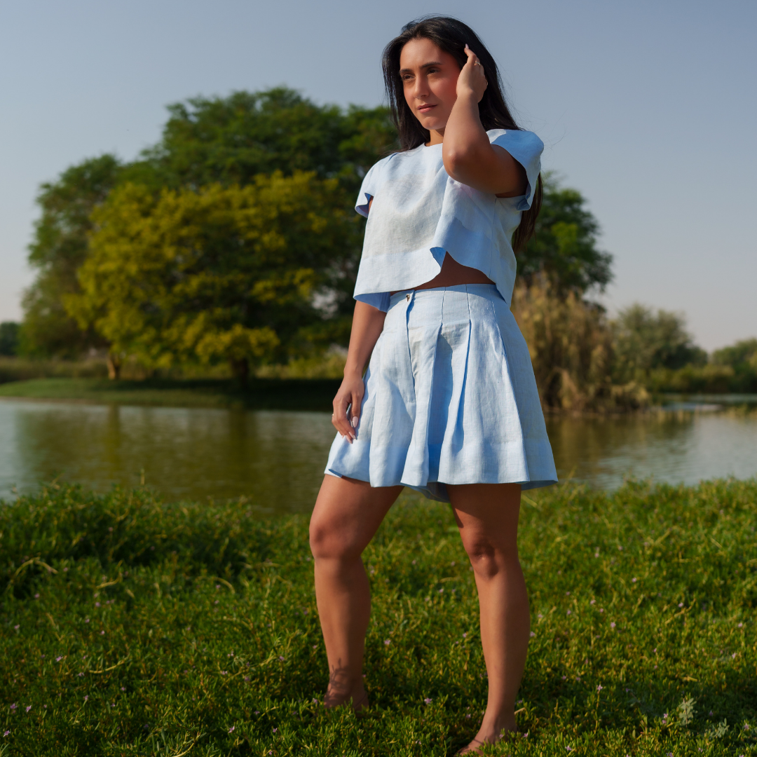 Mahnaz Short -Ethical fashion brands. sky blue Italian linen high waist shorts  - A slow fashion luxury