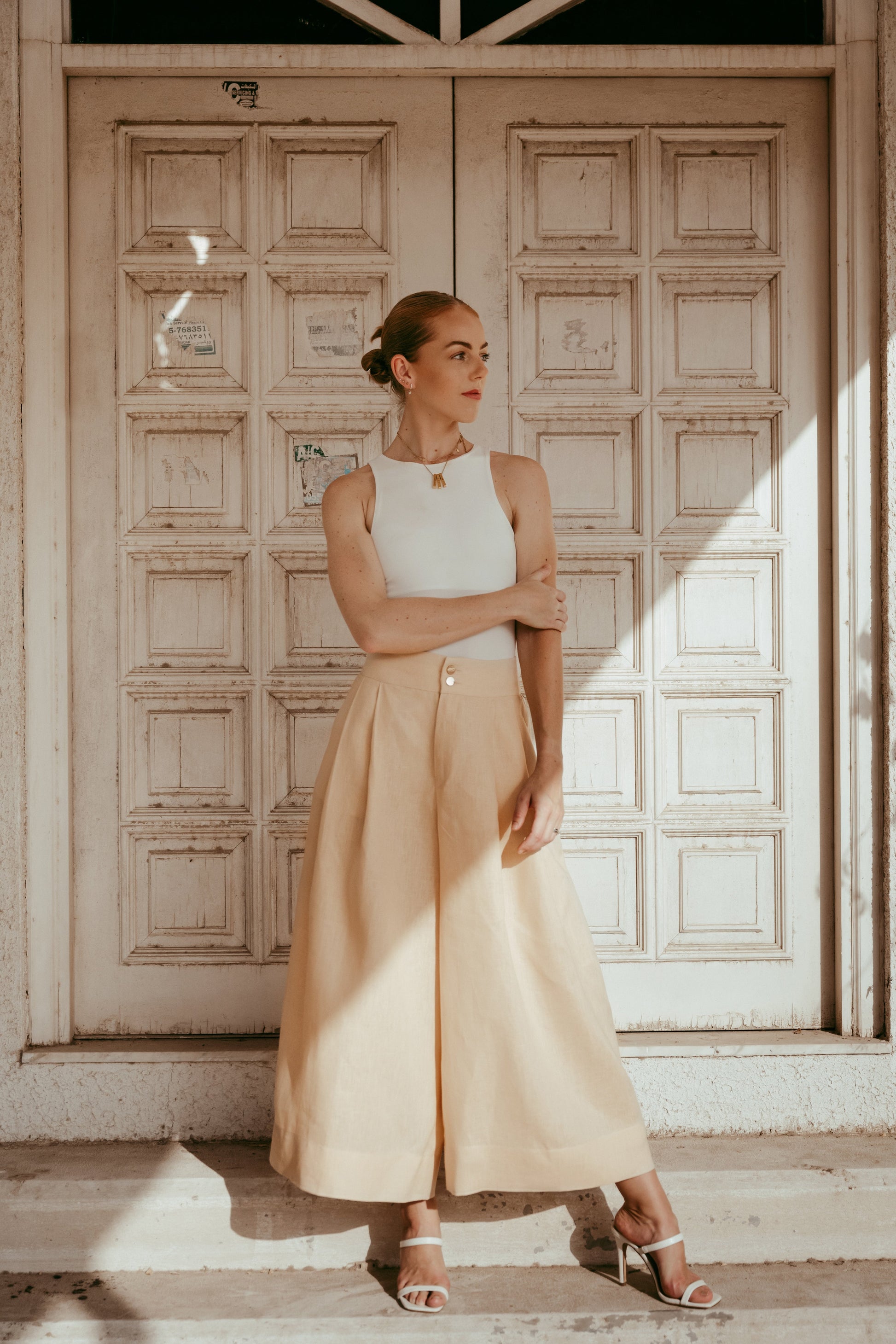 Ethical fashion brands. Beige Italian linen high waist pants  - A slow fashion luxury
