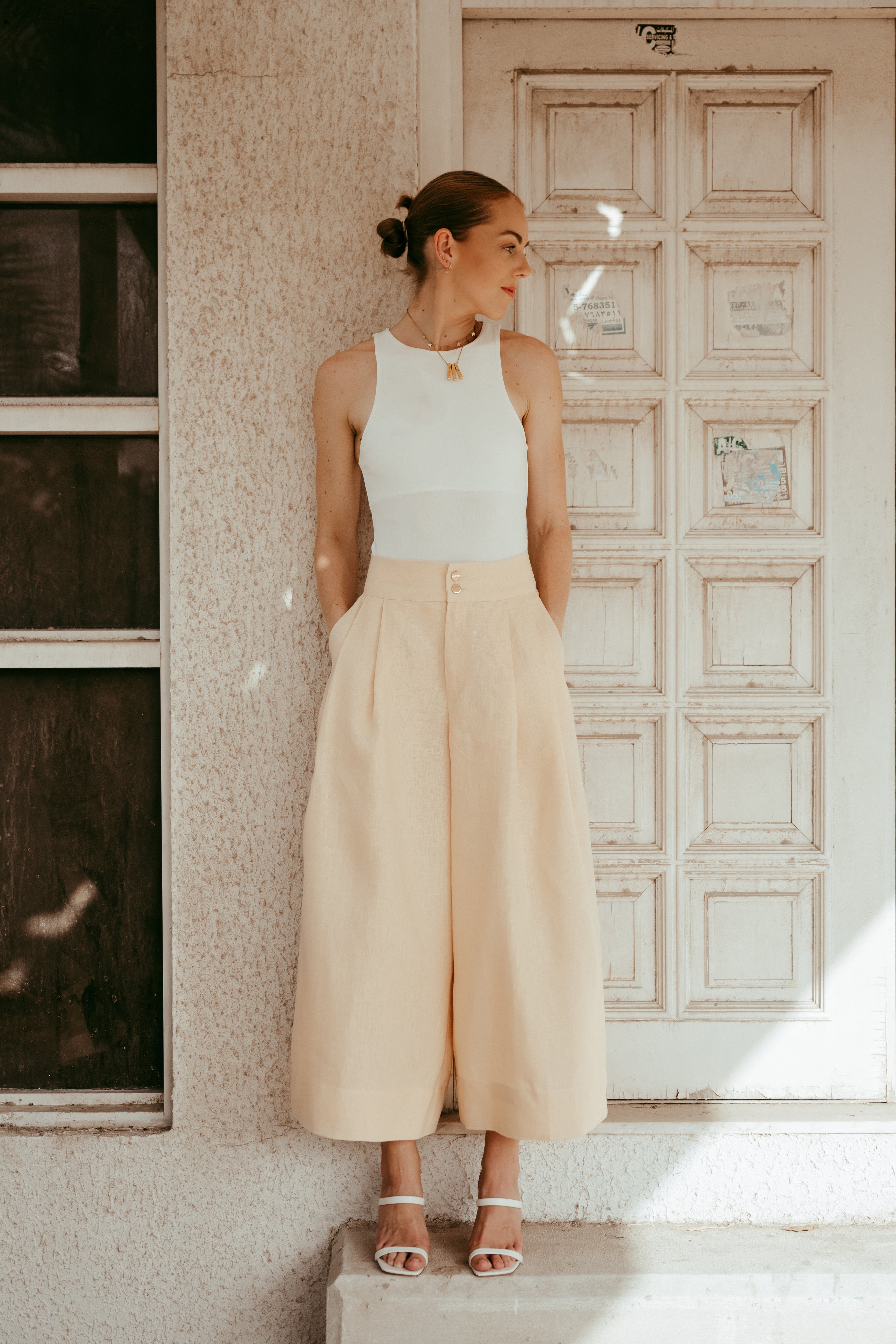 Ethical fashion brands. Beige Italian linen high waist pants  - A slow fashion luxury