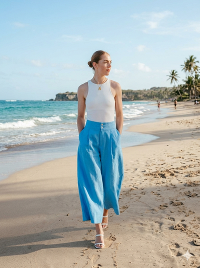 Ethical fashion brands. Beige Italian linen high waist pants  - A slow fashion luxury