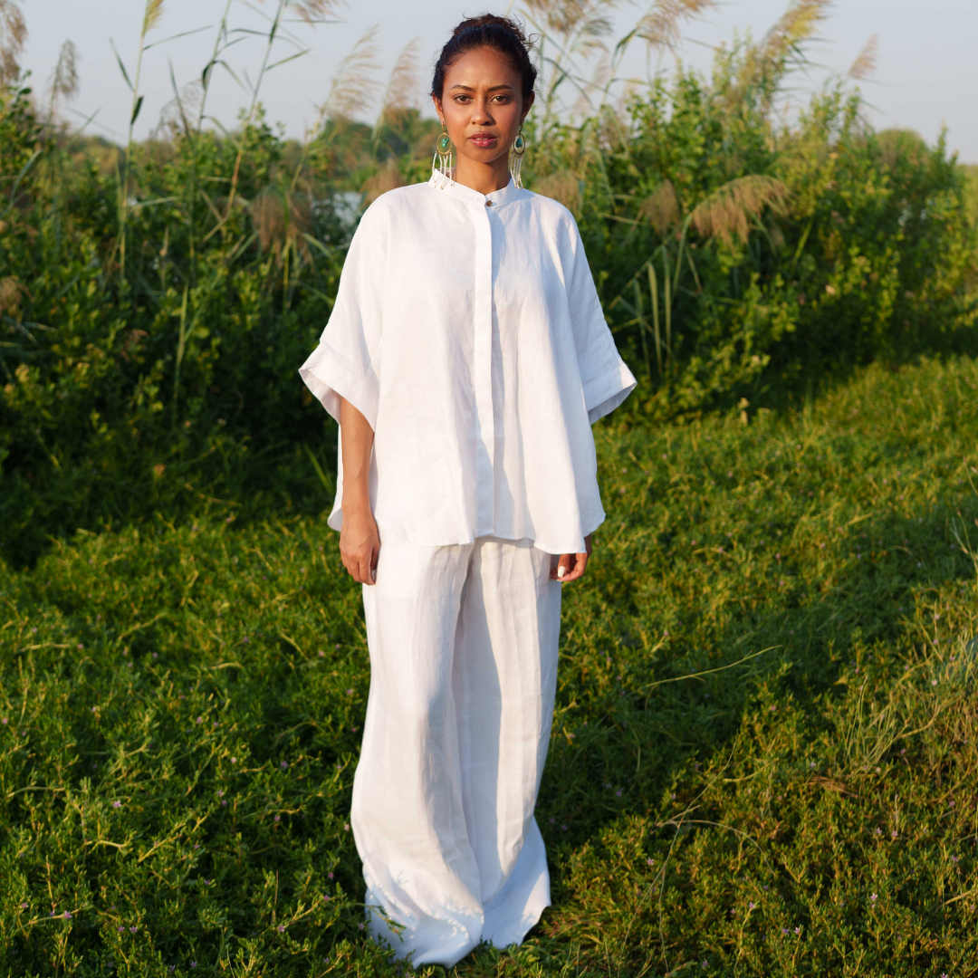 Linen Trousers and shirt. Mid-waist with an elasticated waistband.sustainable fashion