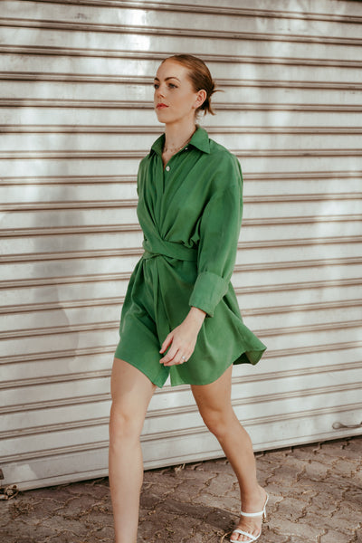 Maple olive green mini dress full-length lifestyle view