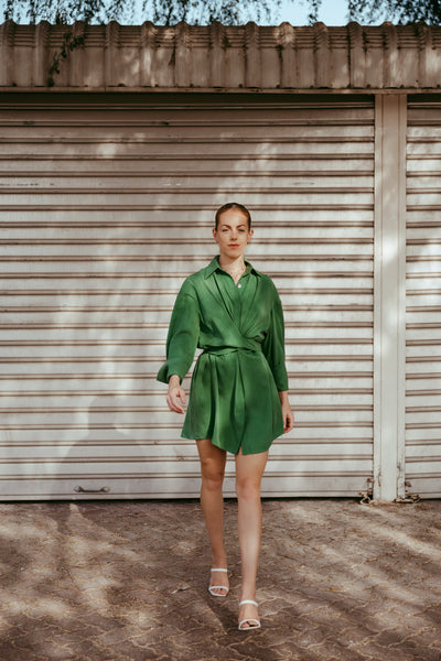 Maple olive green wrap mini dress full front view