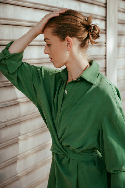 Maple olive green mini dress upper-body styling view