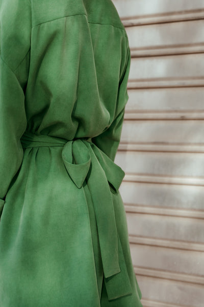 Maple green wrap dress waist and draped detail