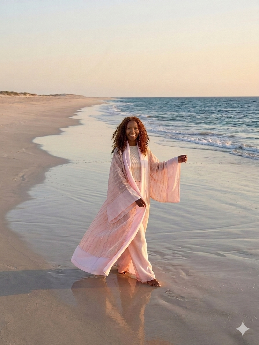 An oversized, floor-length shawl abaya crafted from premium Italian linen, featuring soft pastel hues and delicate thread work trim along the neckline, sleeves, and hem.