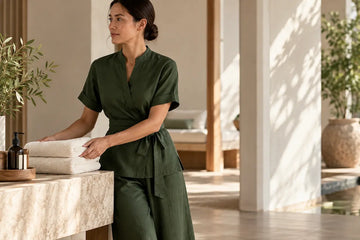 Spa staff member wearing a sage green linen hospitality uniform at a luxury resort