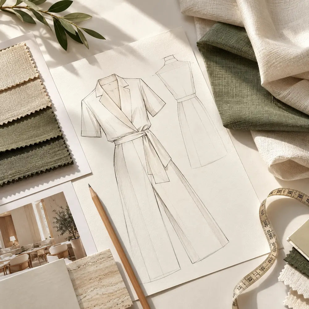 Hospitality uniform design sketch with natural fabric swatches, created by Sustainably U in Dubai.
