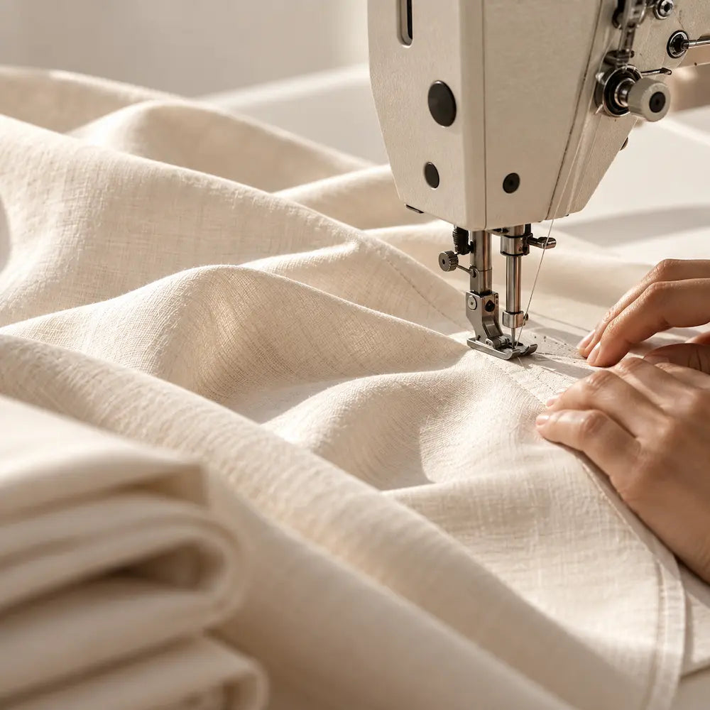 Hospitality uniform being locally made by a skilled maker at a sewing machine in Dubai.
