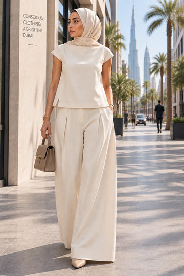 Woman wearing Inaya Italian linen co-ord set with wide-leg pants in Dubai