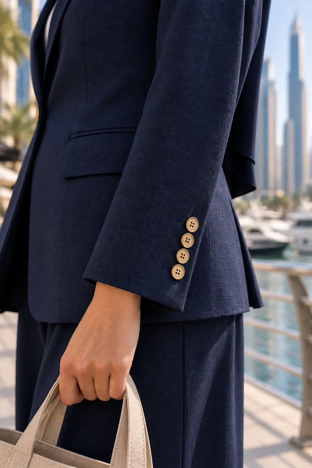 Close-up of Nila navy Italian linen blazer with gold sleeve buttons