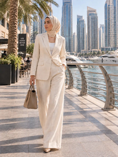 Woman wearing Nila cream Italian linen suit with tailored blazer and wide-leg pants in Dubai