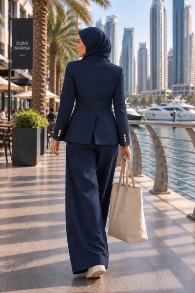 Back view of Nila navy Italian linen suit with tailored blazer and wide-leg pants