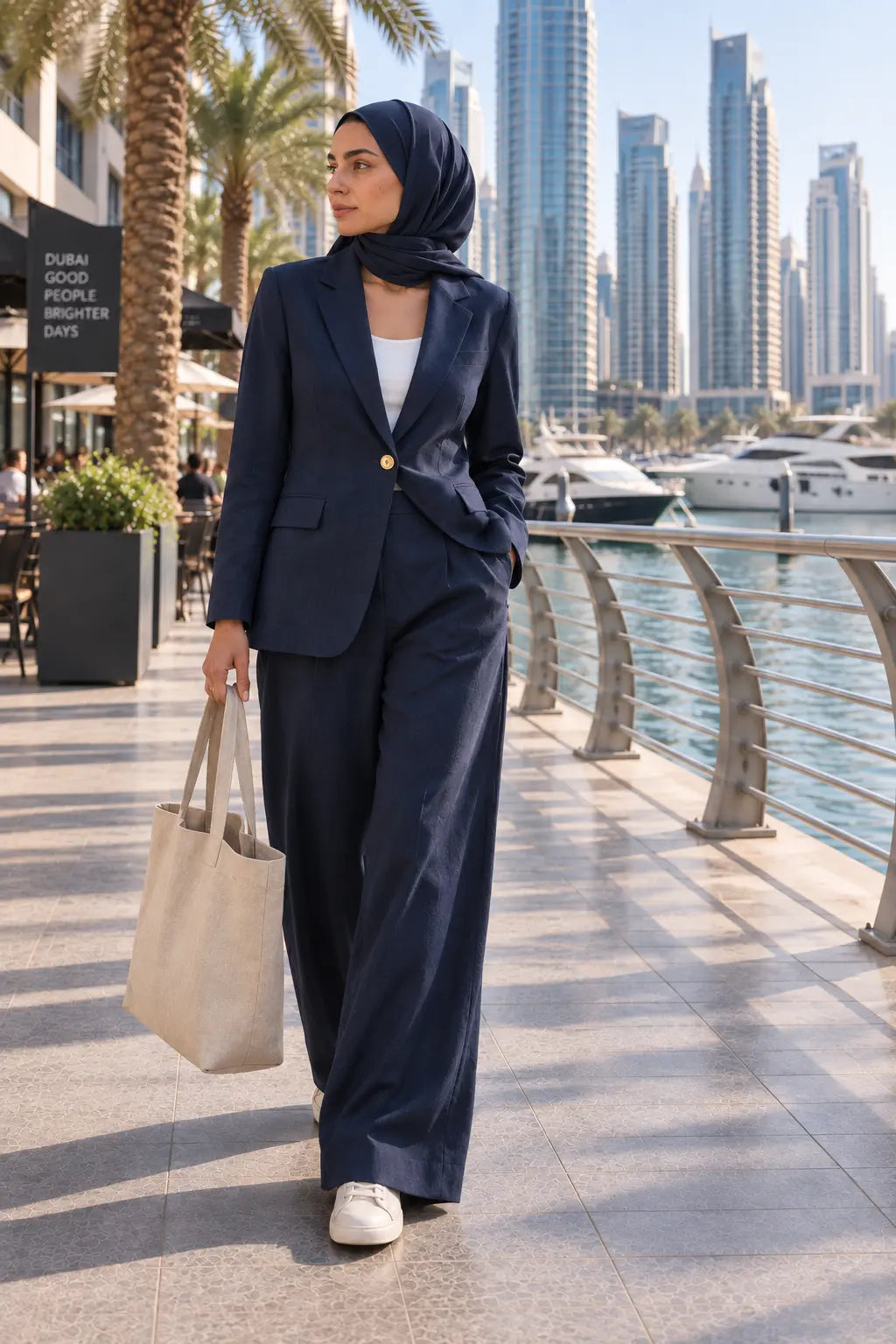 Woman wearing Nila navy Italian linen suit with tailored blazer and wide-leg pants in Dubai