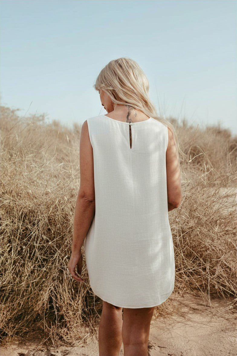 sleeveless Italian linen shift dress in Off white. Made in Dubai. Sustainably U