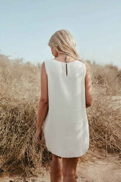 sleeveless Italian linen shift dress in Off white. Made in Dubai. Sustainably U