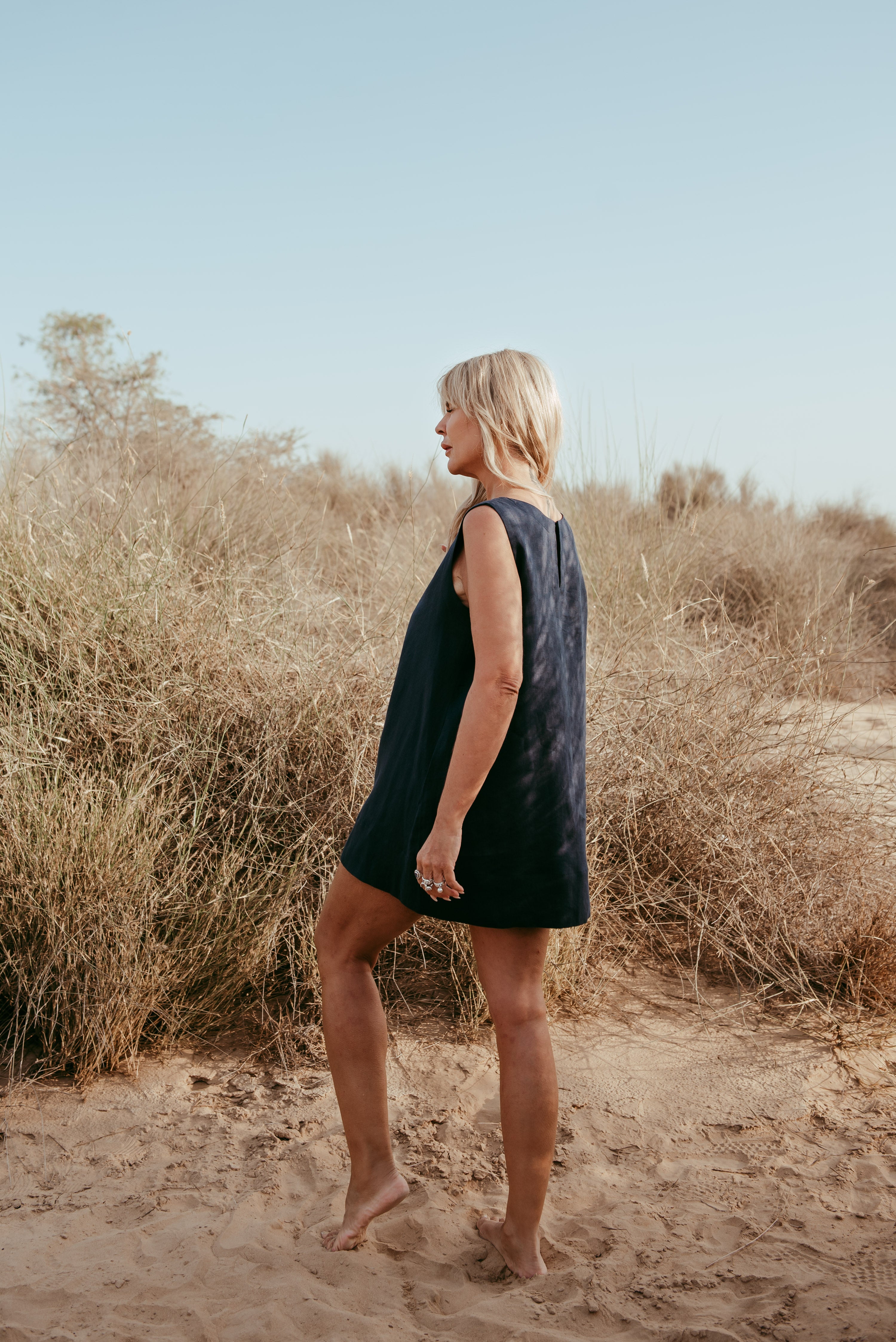 sleeveless Italian linen shift dress. Made in Dubai. Sustainably U