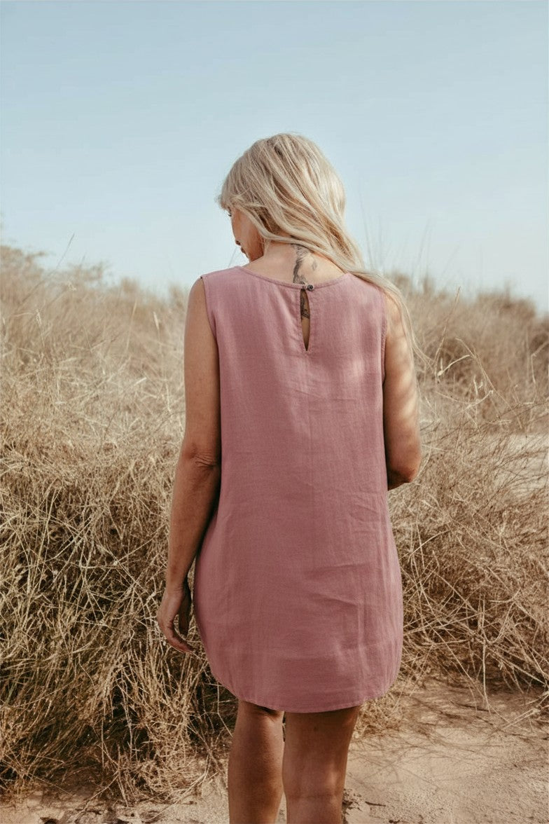 sleeveless Italian linen shift dress in dusty pink. Made in Dubai. Sustainably U