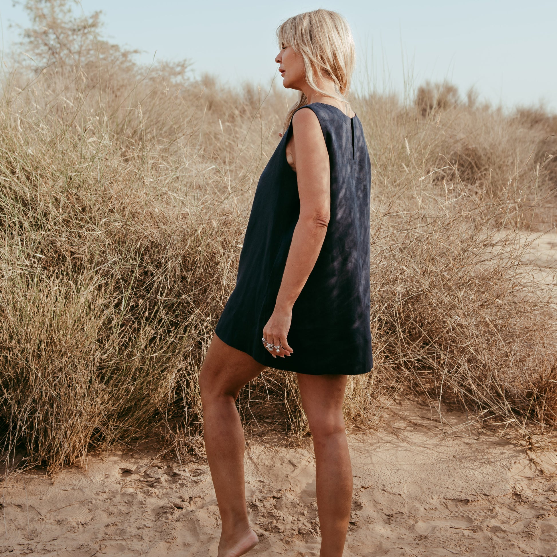 sleeveless Italian linen shift dress. Made in Dubai. Sustainably U