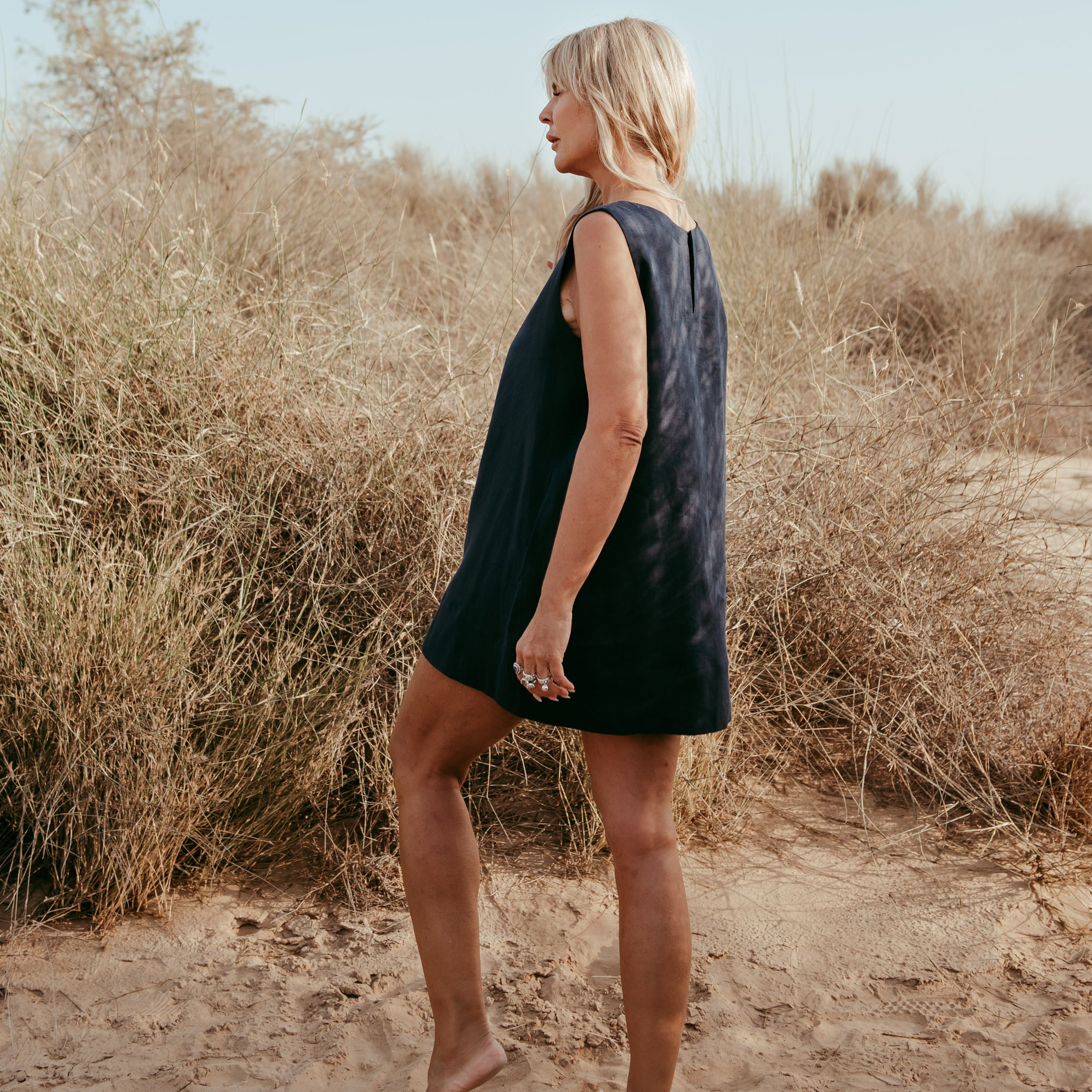 sleeveless Italian linen shift dress. Made in Dubai. Sustainably U